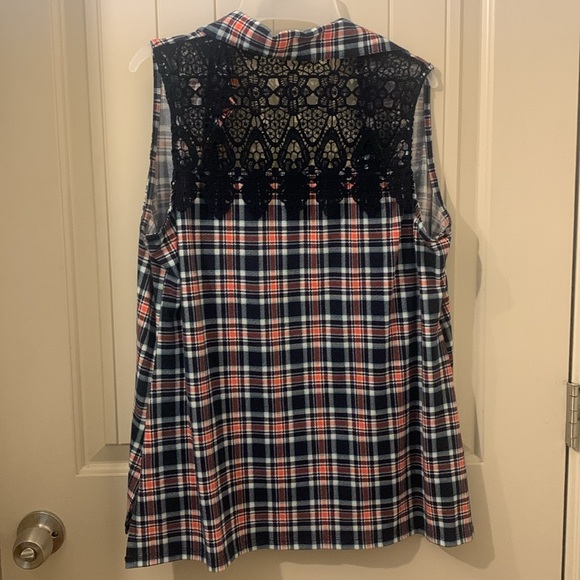 Plaid Button Up Blouse with Woven Lace Back - Picture 3 of 5